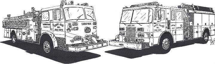 Black and white sketches of (Ret) Wagon and Engine 7 